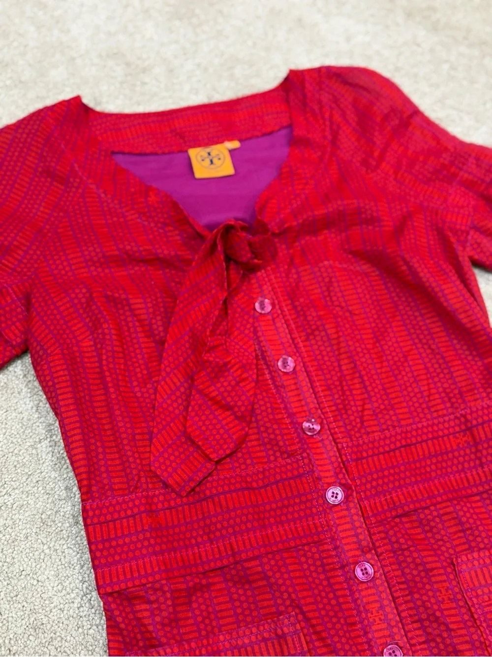 Tory Burch Red Purple Printed Cotton Button Front Dress Size 2